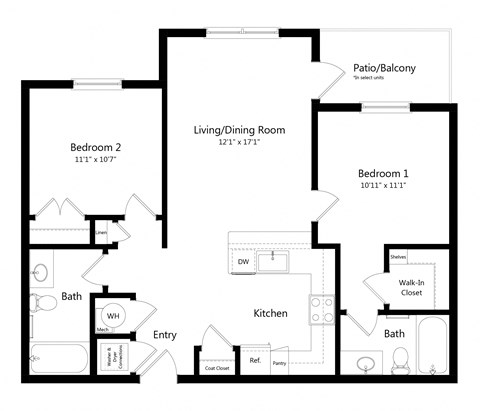 Floor plan for 2 beds, 2 baths, 938 sqft